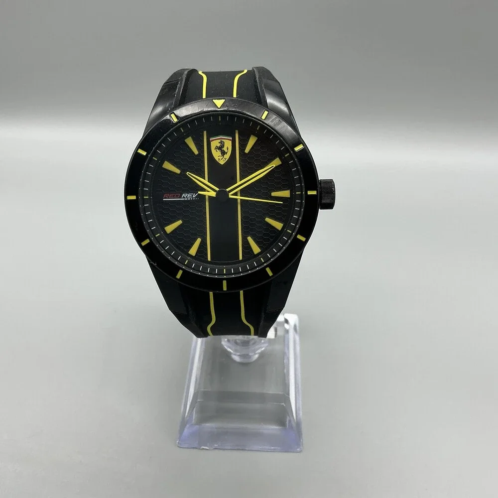 Ferrari RedRev Mens Watch 43mm Black Yellow Dial Black Silicone New Battery
